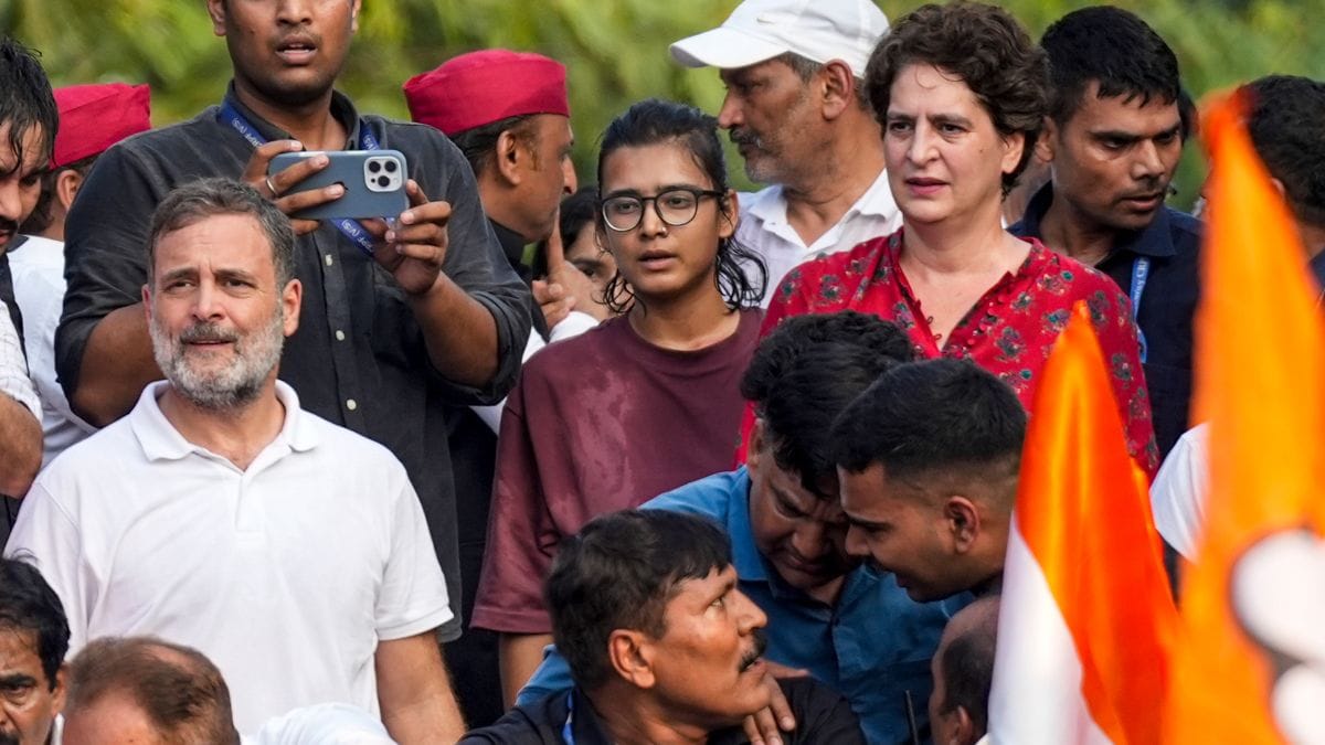 Congress leaders Rahul Gandhi, Priyanka Gandhi Vadra, All India Students' Association (AISA) National President Neha Bora and others during March for Democracy by INDIA bloc leaders towards the Supreme Cour on October 12, 2026 | PTI