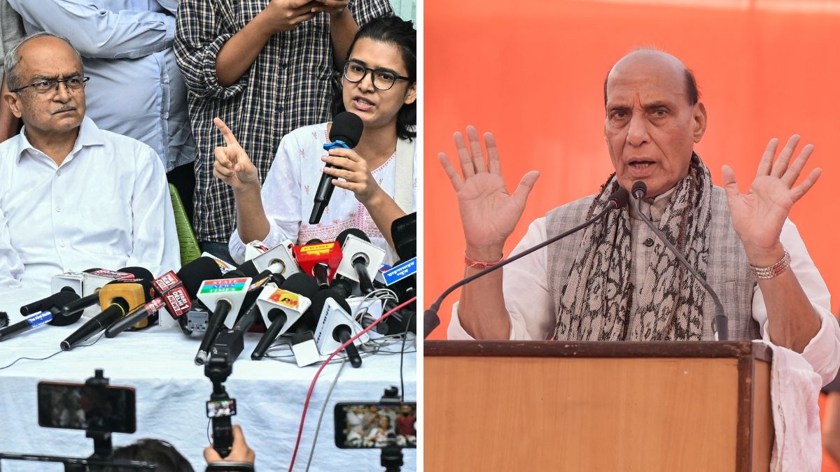 AISA president Neha Bora (R) along with lawyer and activist Prashant Bhushan addresses the media during a press conference in New Delhi. (Right) Defence Minister Rajnath Singh | PTI 