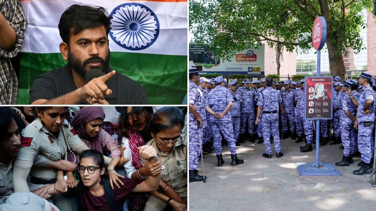 Cockroach Janta Party chief Abhijeet Dipke (top left) and All India Students' Association head Neha Bora (bottom left); Rapid Action Force personnel deployed at Central Park in Delhi's Connaught Place (R) | PTI, Reuters