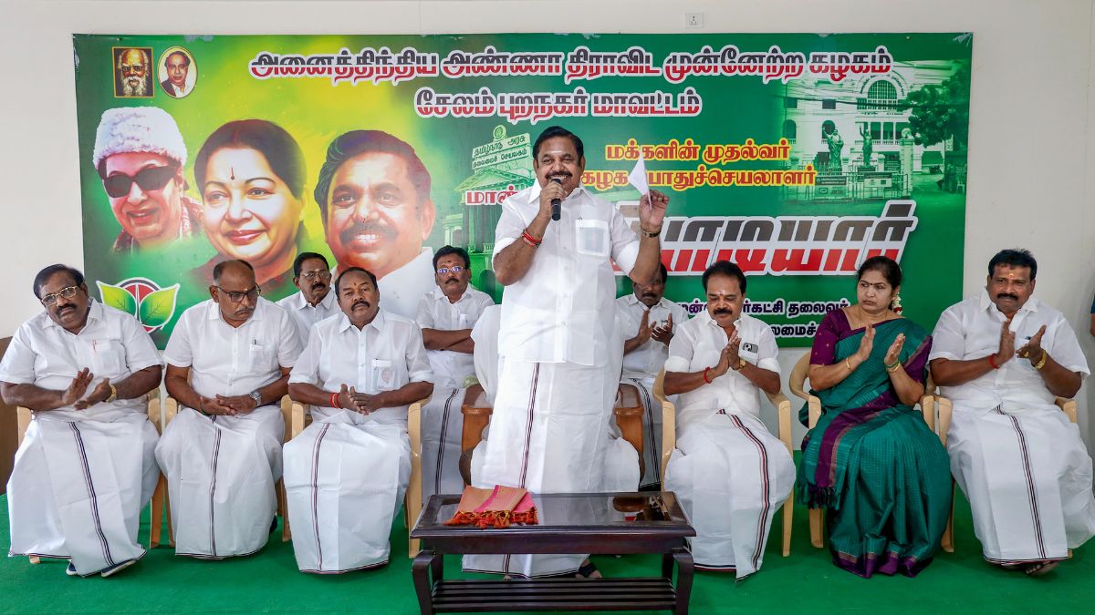 AIADMK General Secretary Edappadi K Palaniswami addresses the consultative meeting of office-bearers regarding the celebration of the party's 55th founding anniversary, at the Salem Suburban District party office | PTI