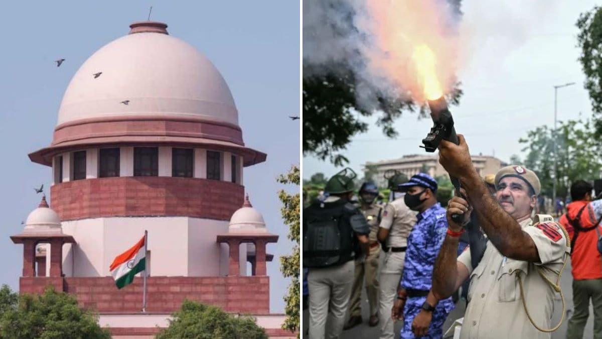 Representative image of the Supreme Court (L); A policeman firing tear gas shells to disperse activists and CJP supporters during a July 20 protest demanding the resignation of former Union Education Minister Dharmendra Pradhan (R) | PTI, AFP