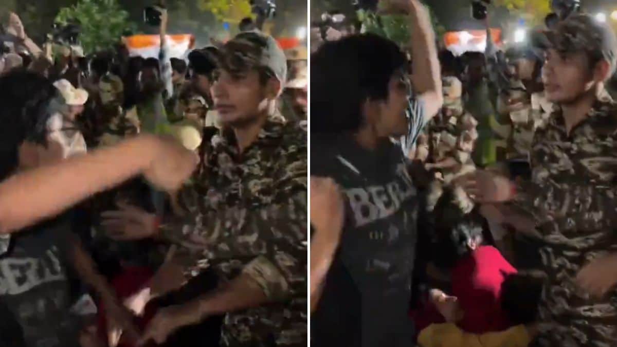 Visuals from the Oct 17 Tiranga march purportedly showing the woman slapping a CRPF officer | X