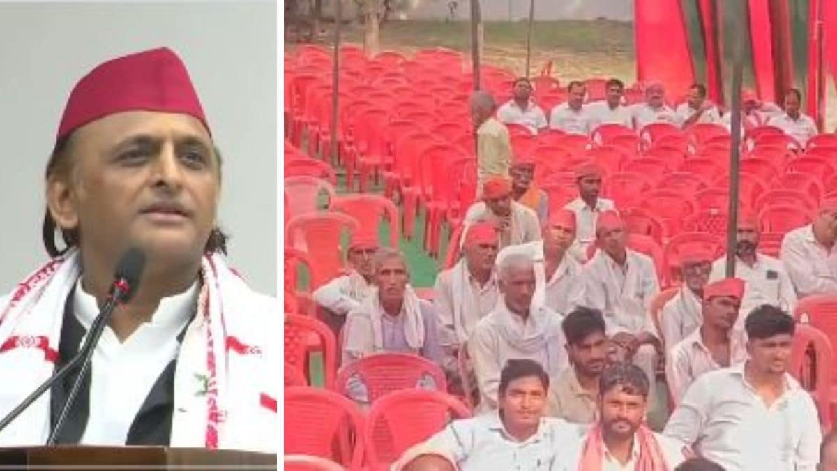 Samajwadi Party chief Akhilesh Yadav. (Right) The empty seats at PDA conference held by the party in Kannauj, the stronghold of Akhilesh Yadav | X 