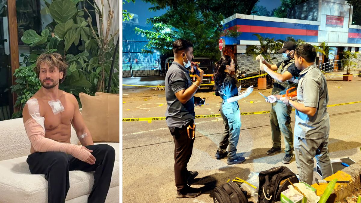 Tiger Shroff. (right)  Forensic officials conduct investigation at the crime scene where gunmen opened fire at Bollywood actor Tiger Shroff, near Pushpa Park under Juhu police station | PTI  