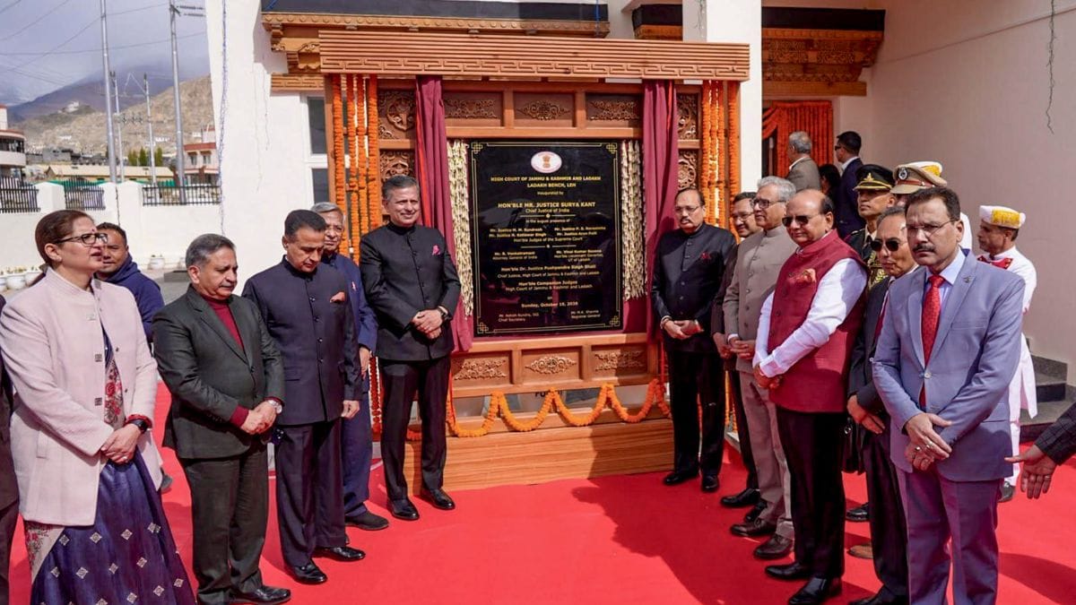 Ladakh Lieutenant Governor Vinai Kumar Saxena, Chief Justice of India Justice Surya Kant and others in a group photograph during the inauguration of Ladakh Bench of the High Court of Jammu and Kashmir and Ladakh, in Leh, on Oct 18, 2026 | PTI