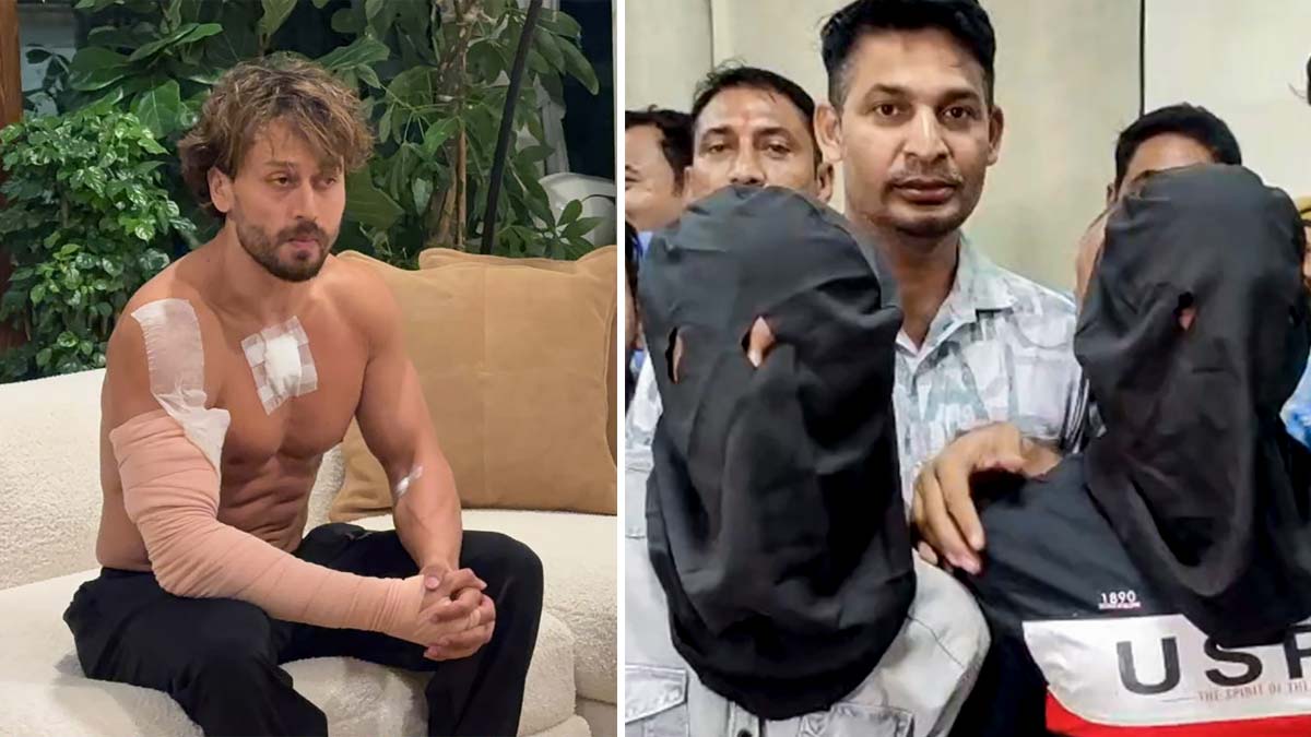 (L) Tiger Shroff; (R) police address a press conference after suspects were arrested in connection with firing on the actor | PTI