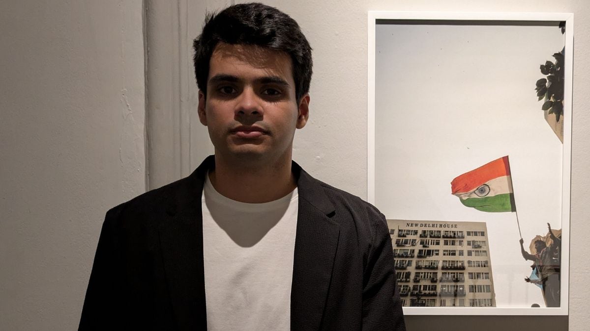 Artist and Photographer Raihan Vadra, son of Congress leader Priyanka Gandhi Vadra, with one of his photographs at Bikaner House, in New Delhi | PTI
