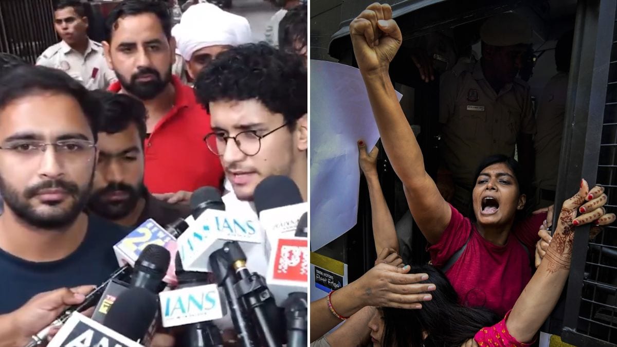 CJP leaders Saurav Das and Ashutosh Ranka speak to reporters after a SEM hearing on October 23 (L); Visuals from the Election Commission of India protest march by various groups in Delhi on the same day (R) | Josekutty Panackal, PTI