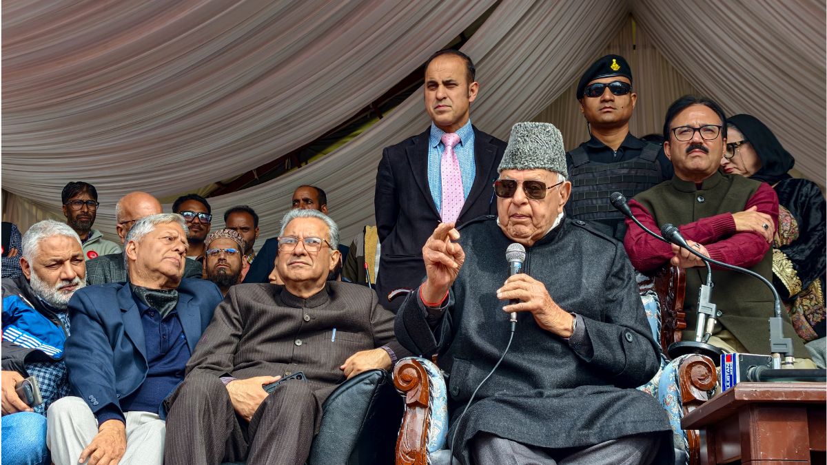 Jammu and Kashmir National Conference supremo Farooq Abdullah chairs the workers convention, in Baramulla district, Saturday, Oct. 24, 2026 | PTI