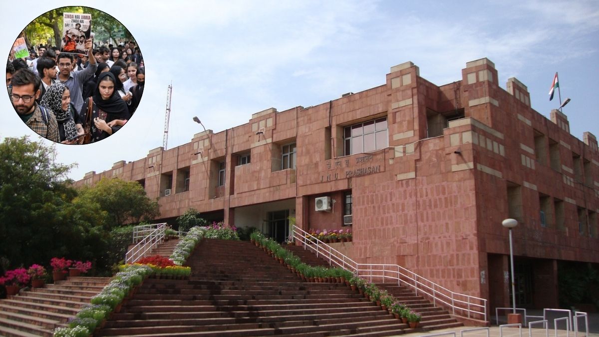 A representative image of Jawaharlal Nehru University in Delhi; (inset) Visuals from protests at Jamia Millia Islamia | Wikimedia Commons, PTI