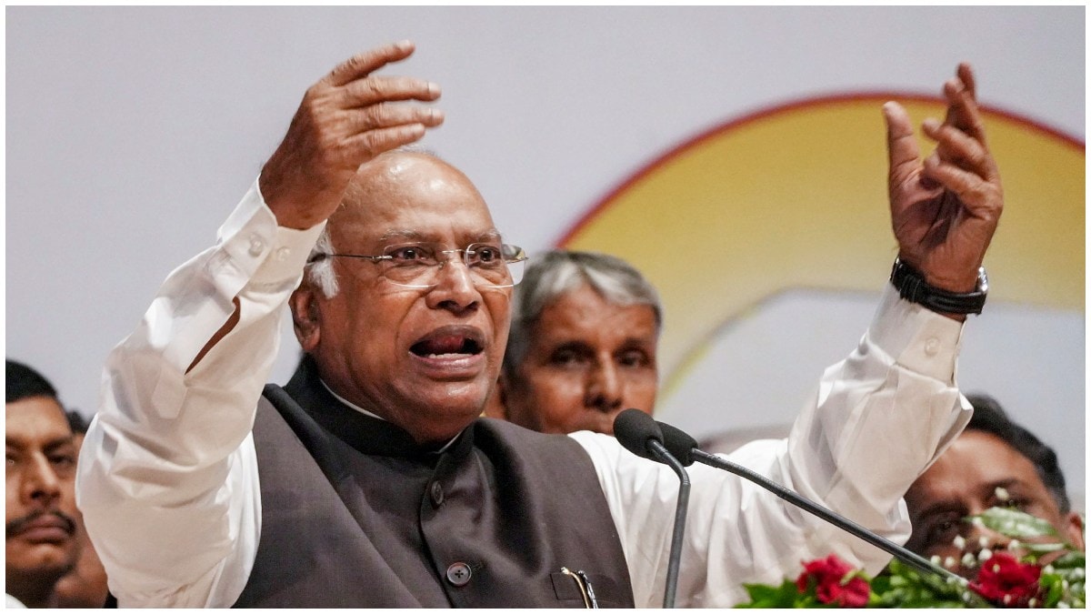 Congress President Mallikarjun Kharge addresses the gathering during an event marking the 139th birth anniversary of Shri Krishna Singh | PTI