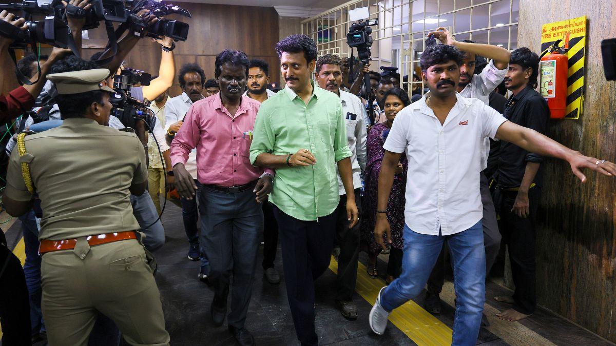 DMK leader Anbil Mahesh Poyyamozhi being escorted to a hospital for medical examination after being taken into judicial custody following his arrest by the Central Crime Branch in an alleged corruption case, in Chennai, Tamil Nadu | PTI