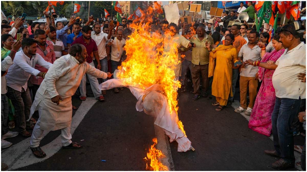 BJP workers stage a demonstration to protest against the alleged derogatory remarks made by Congress president Mallikarjun Kharge against Prime Minister Narendra Modi, in Kolkata | PTI
