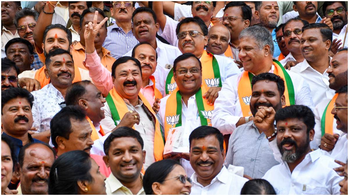BJP leaders celebrate after winning four seats in the Karnataka Legislative Council (MLC) polls | PTI