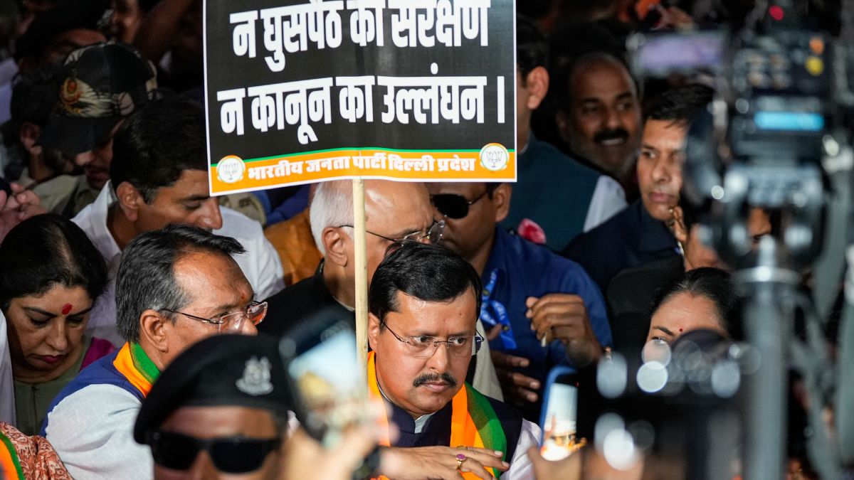 BJP National President Nitin Nabin and other party leaders during the 'Loktantra Bachao, Arajakta Hatao' protest march, at Chandni Chowk, in New Delhi, on October 28, 2026