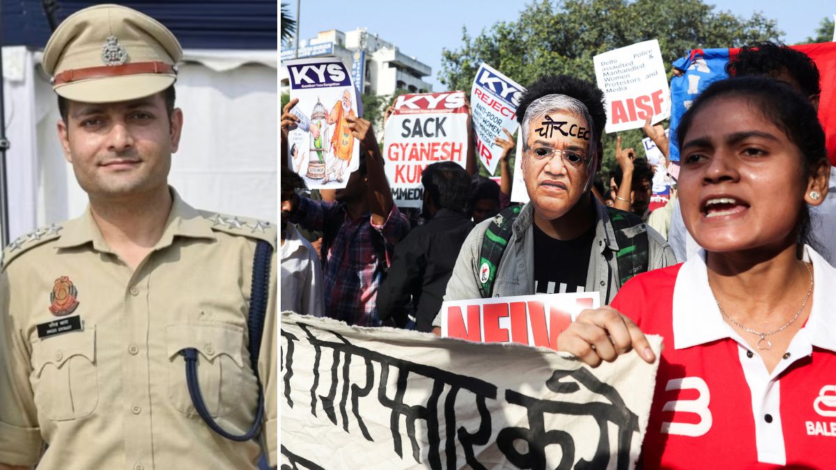 Delhi Police ACP (Connaught Place) Vivek Bhagat (L) and a representative image of the anti-CEC protests (R) | X, Reuters