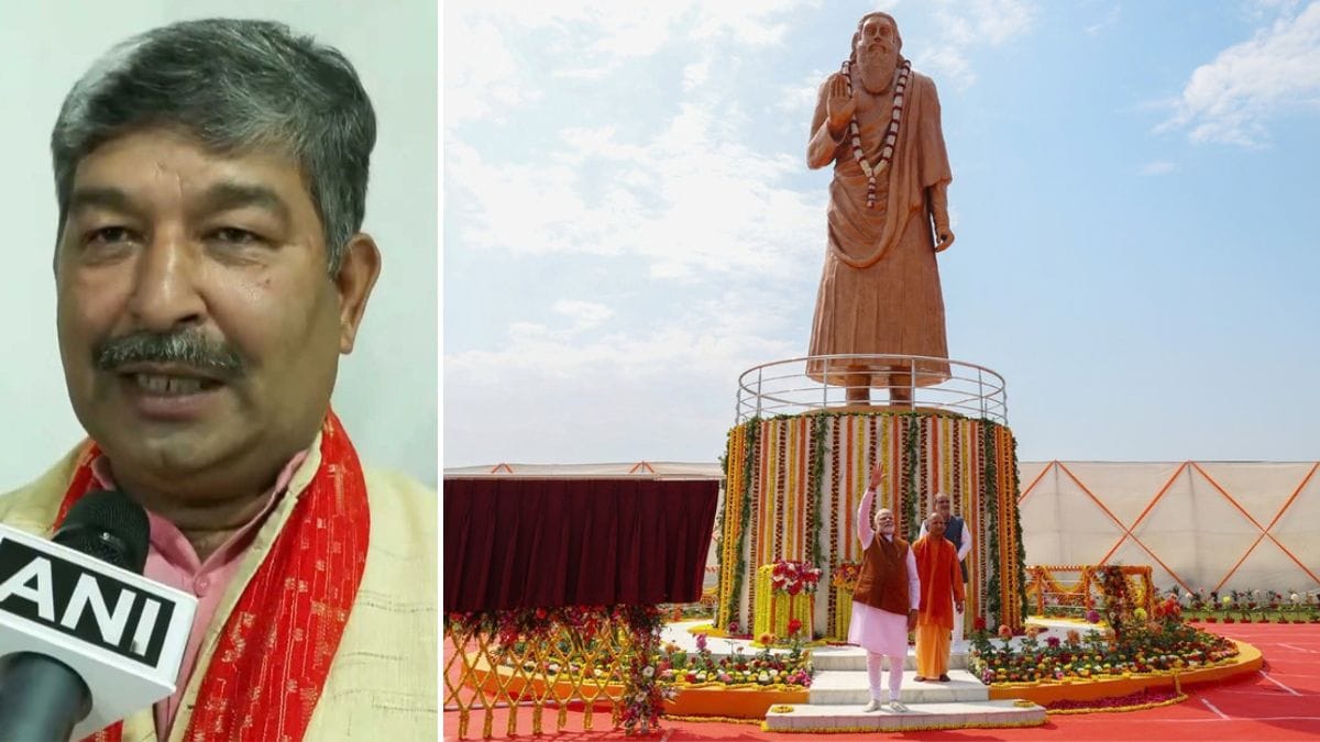 Dinesh Arya, the BJP's latest Rajya Sabha candidate from Uttarakhand (L) and a statue of Sant Ravidas (R) | DD News, ANI