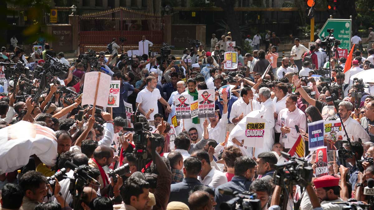 Leader of Opposition in the Lok Sabha Rahul Gandhi along with senior opposition leaders and MPs from the INDIA bloc during a protest march against CEC Gyanesh Kumar in Delhi | PTI