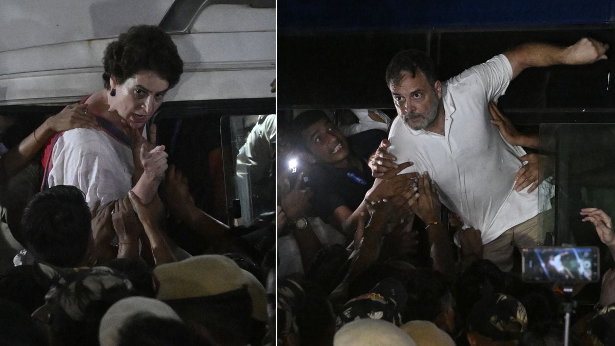 Rahul Gandhi and Priyanka being detained by police personnel after over eight-hour sit-in inside Akashvani Bhawan premises for not being allowed to march towards the Election Commission's office | Josekutty Panakkal
