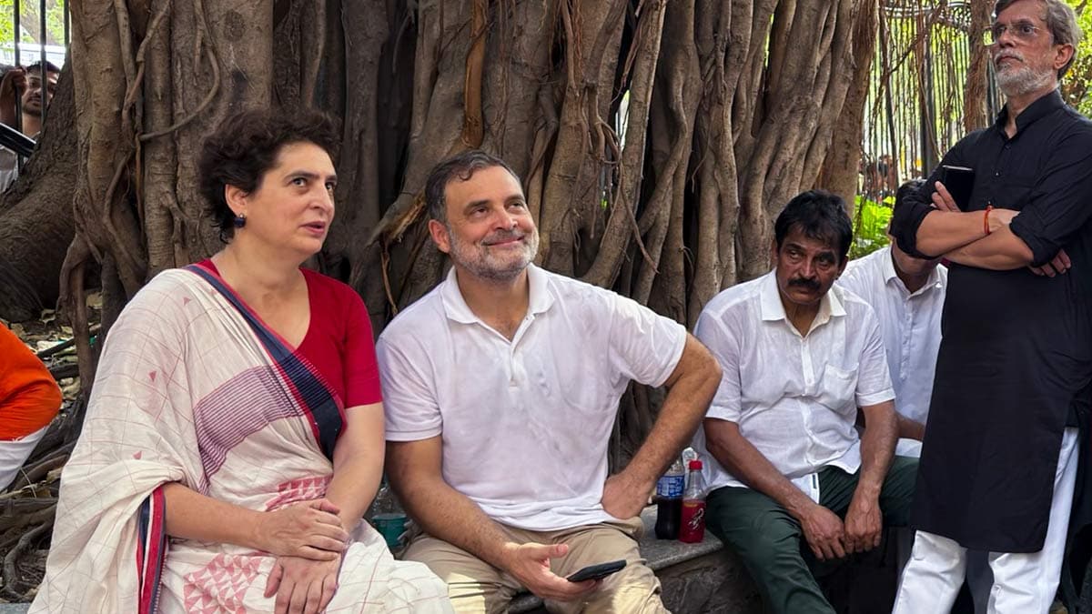 Leader of Opposition in the Lok Sabha Rahul Gandhi, Congress leaders Priyanka Gandhi Vadra, Pawan Khera and K.C. Venugopal during an INDIA bloc protest at Akashvani Bhawan | PTI