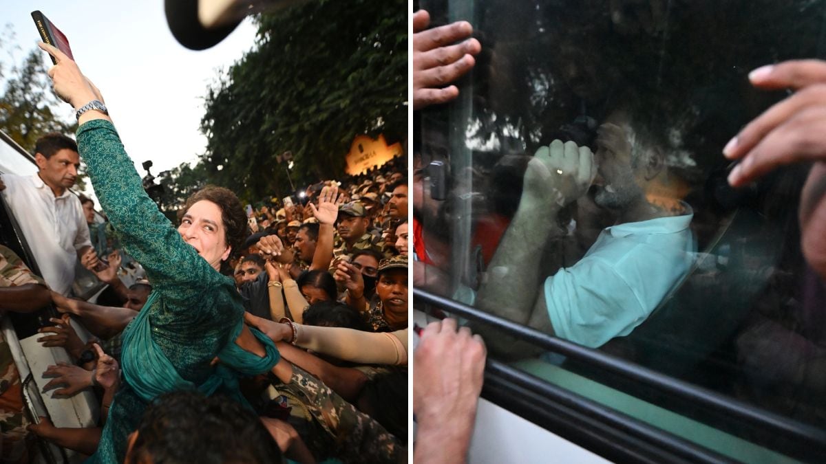 Priyanka Gandhi Vadra holds up a copy of the Constitution while being detained. Rahul Gandhi seated inside a police bus after detention | Kritajna Naik