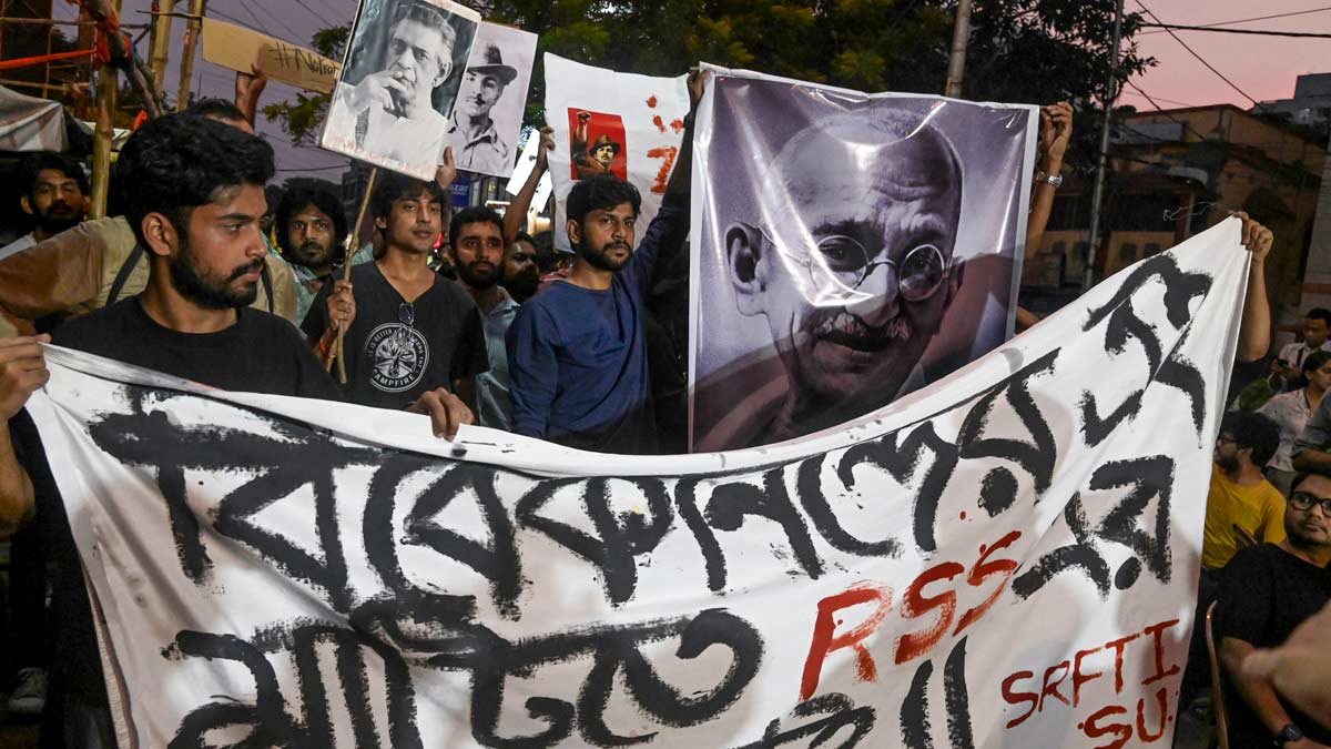 Students of Satyajit Ray Film and Television Institute (SRFTI) protest against an alleged attack on campus students, in Kolkata | PTI