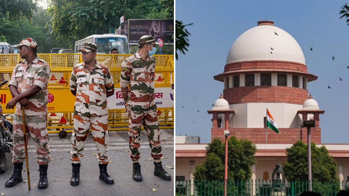 Security personnel (L) stand guard near Janpath metro station ahead of the Oct 10 protest call by the Cockroach Janta Party; A representative image by the Supreme Court of India (R) | PTI
