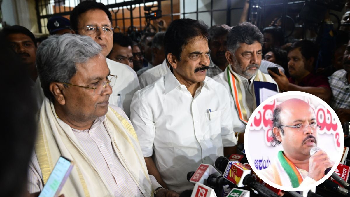 Siddaramaiah, Randeep Surjewala, K.C. Venugopal and D.K. Shivakumar address media; [inset: Yathindra Siddaramaiah] | Bhanu Prakash Chandra, X