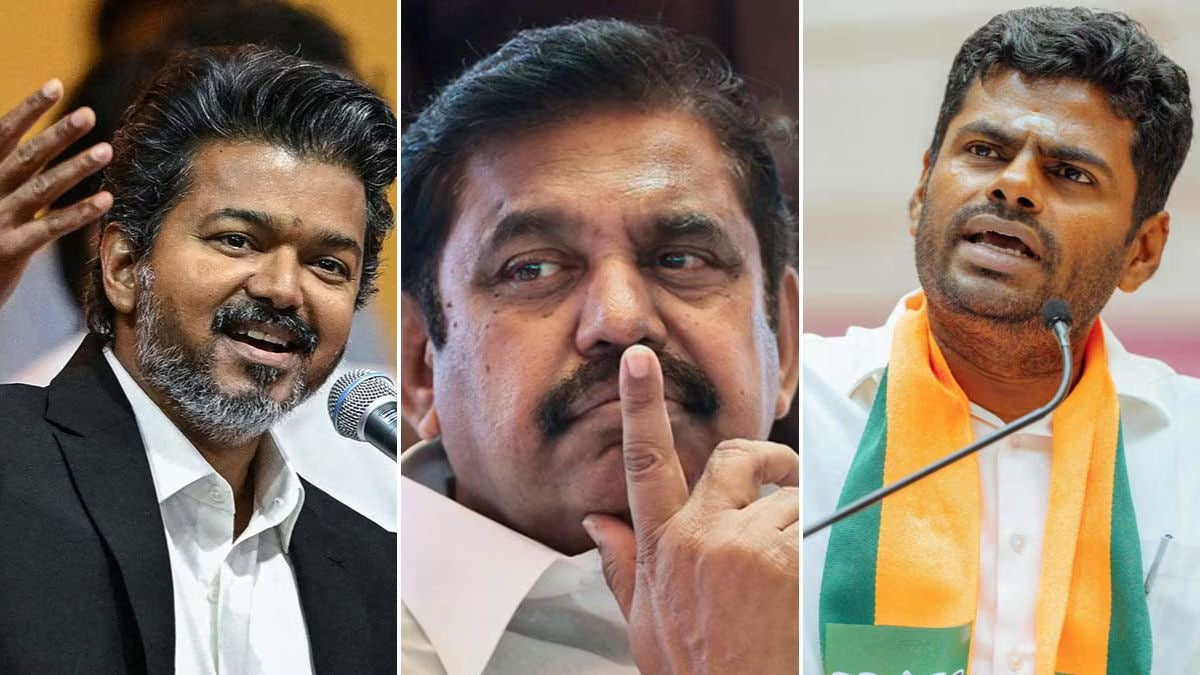 Chief Minister C. Joseph Vijay, Edappadi K. Palaniswami and K. Annamalai | AFP, PTI