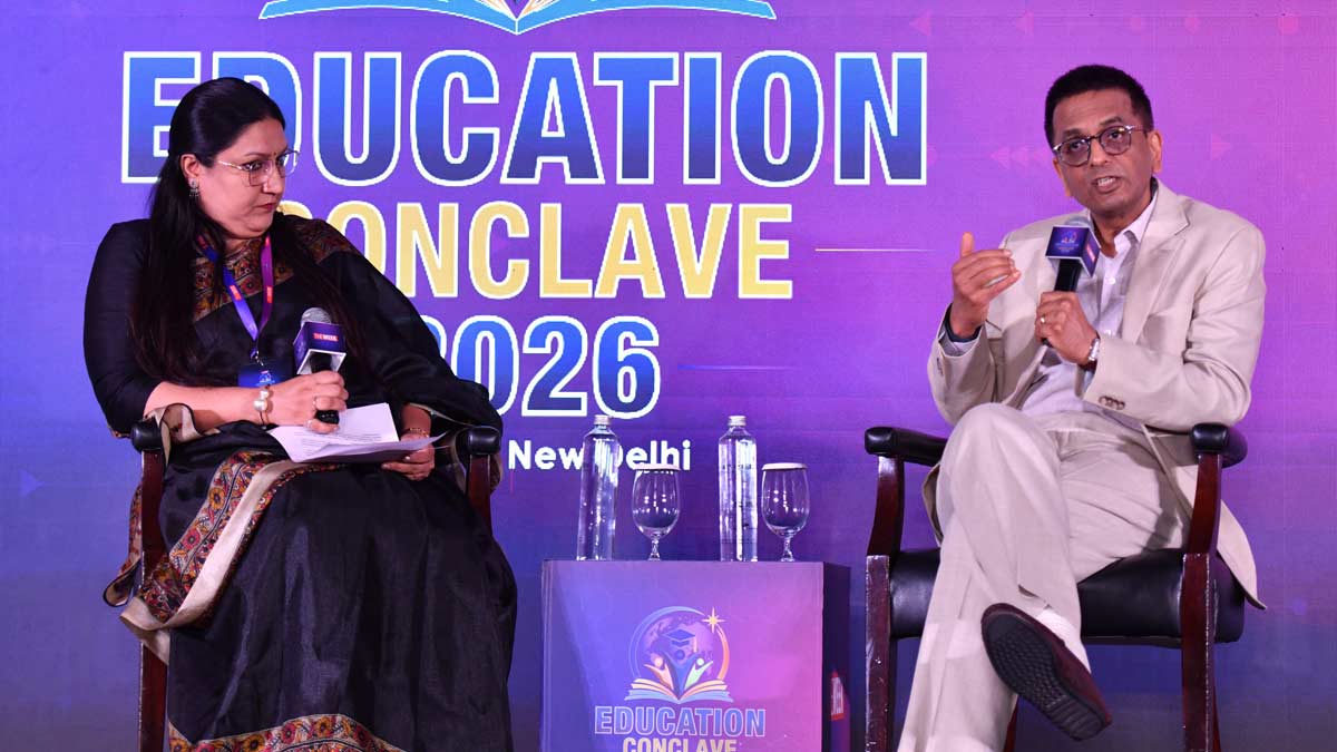 Former chief justice of India Justice D.Y. Chandrachud with Senior Special Correspondent Kanu Sarda at THE WEEK Education Conclave 2026 in New Delhi | Sanjay Ahlawat