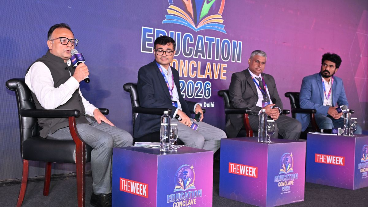 From Left:  Pratul Sharma, Senior Assistant Editor, THE WEEK, moderates, Prof Dr Biswajoy Chatterjee, University of Engineering and Management, Jaipur, Dr M.K. Badrinarayanan, Professor & Associate Dean of the School of Management at Hindustan Institute of Technology and Science (HITS); and  Vinay Kumar G.B., Director, Insights IAS, Bengaluru, at THE WEEK Education Conclave 2026.
Photo:Sanjay Ahlawat