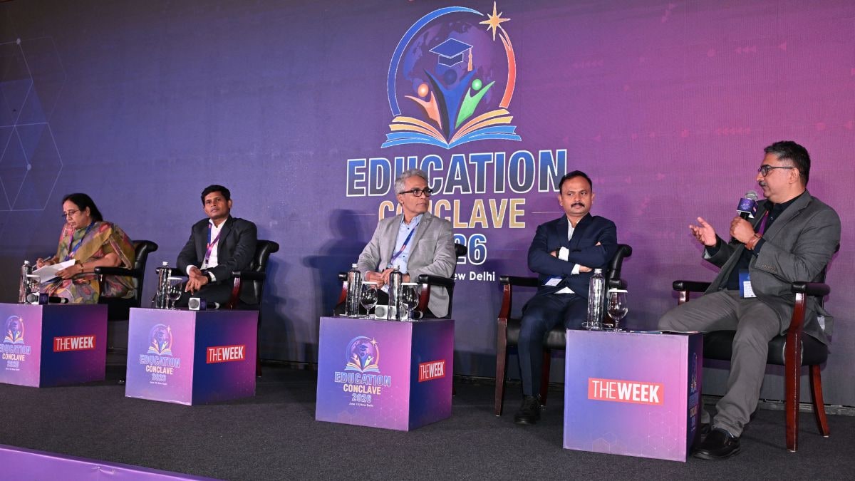 From Left: Dr Uma Vennam, Vice Chancellor, Sri Padmavati Mahila Viswa Vidyalayam; G. Ganesh Kumar, Commissioner-Skill, Employment and Training; Prof. C.V. Tomy, Dean, School of Engineering and Sciences, SRM University-AP, Amaravati; B. Srinivasa Rao, State Project Director, Samagra; moderated by  Ajish P. Joy, Senior Assistant Editor, THE WEEK at The Week Education Conclave 2026. Photo: Sanjay Ahlawat