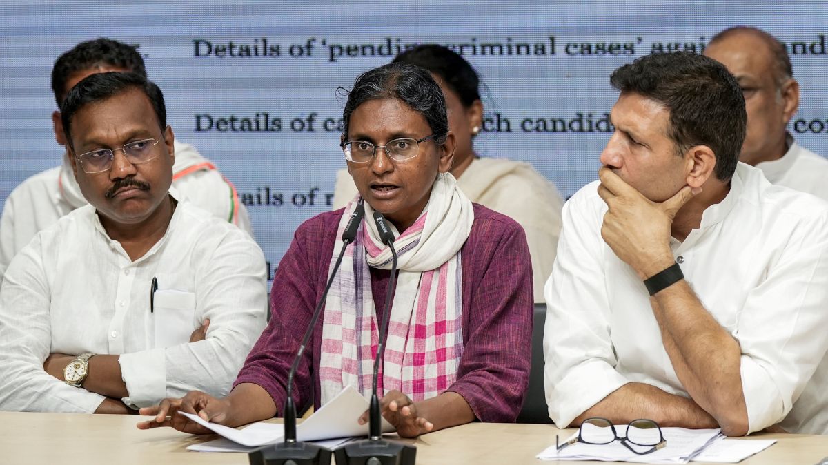 Congress leader Meenakshi Natarajan, centre, speaks as party leader Jitu Patwari, right, looks on during a party briefing at AICC office, in New Delhi | PTI