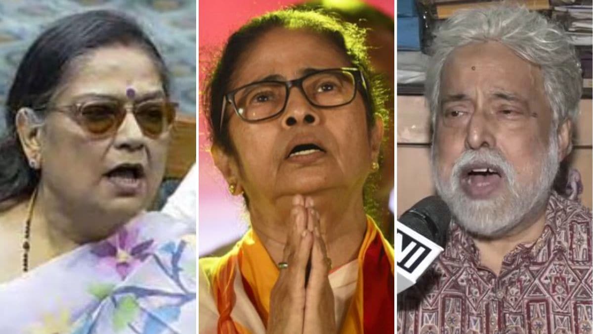 (From left to right) Rebel bloc leader and Barasat MP Kakoli Ghosh Dastidar, TMC supremo Mamata Banerjee, and Kolkata Uttar MP Sudip Bandyopadhyay | PTI, ANI, X