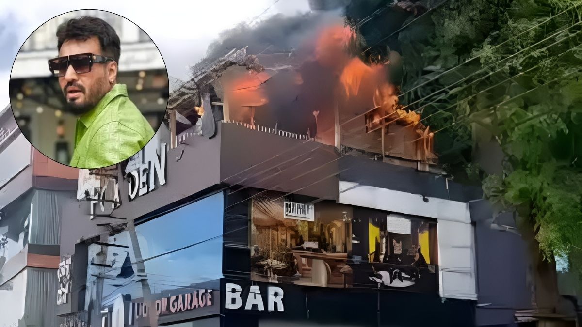 Visuals from the fire at Maara, a restopub that is a part of the multi-level restopub Fox Den Liquor Garage; (inset) Kannada film actor and influencer Preetham Puneeth | X, Instagram
