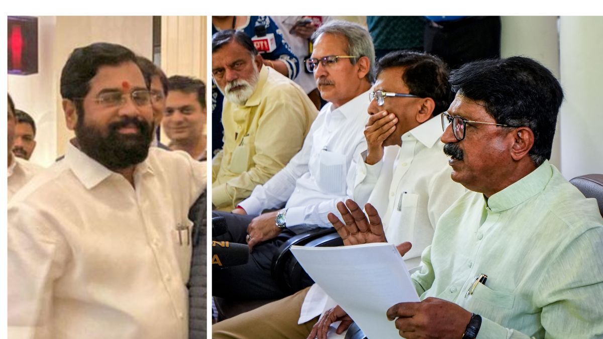 Shiv Sena chief Eknath Shinde. (Right)  Shiv Sena (UBT) MPs Sanjay Raut, Arvind Sawant and Anil Desai during a press conference, in New Delhi | PTI 