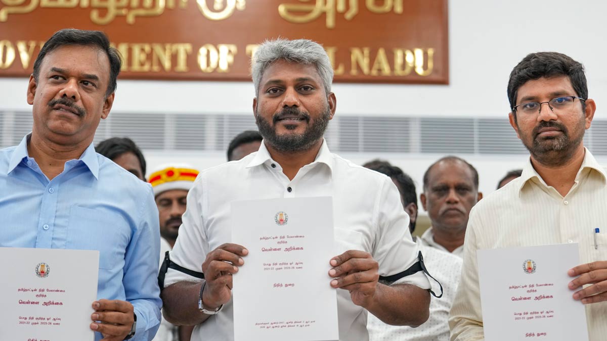 Tamil Nadu Finance Minister N. Marie Wilson, centre, Additional Chief Secretary to Government, Finance Department, MA Siddique, left, and others release a white paper on the state's finances during a press conference, in Chennai | PTI