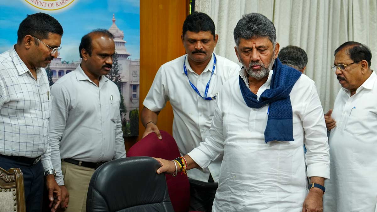 [File] D.K. Shivakumar arrives during a press conference in Bengaluru on May 28 | PTI