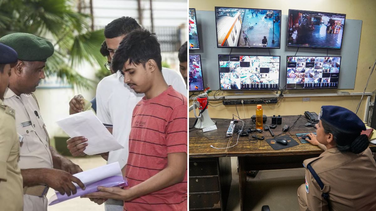 Representative image of students being checked before writing an exam (L) and a Lucknow police official keeping a vigil through CCTV cameras from a control room ahead of the NEET re-exam on June 21 (R) | PTI, X
