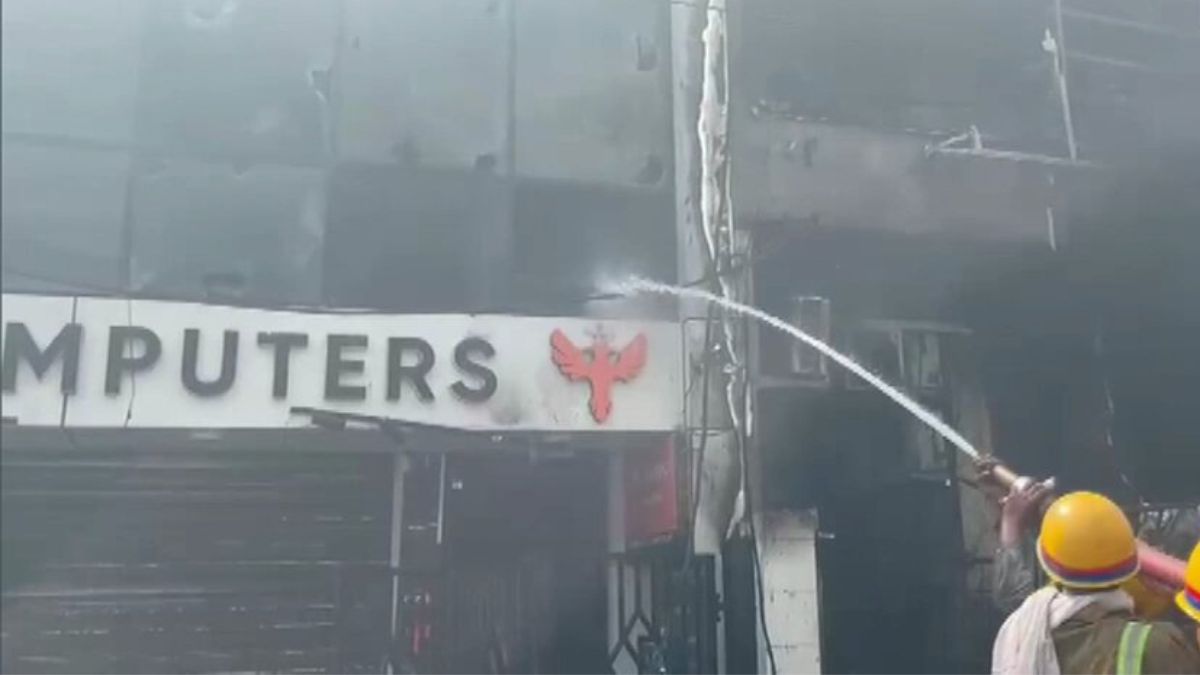 Visuals showing fire tenders working to douse the flames at the coaching centre in Lucknow's Aliganj | X/@ANI
