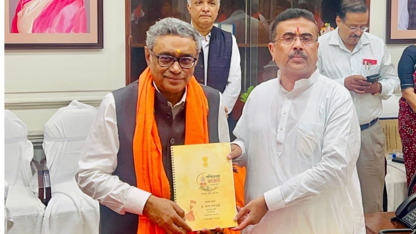 West Bengal Chief Minister Suvendu Adhikari and State Finance Minister Swapan Dasgupta display a copy of the state Budget before its presentation in the West Bengal Legislative Assembly | Salil Bera