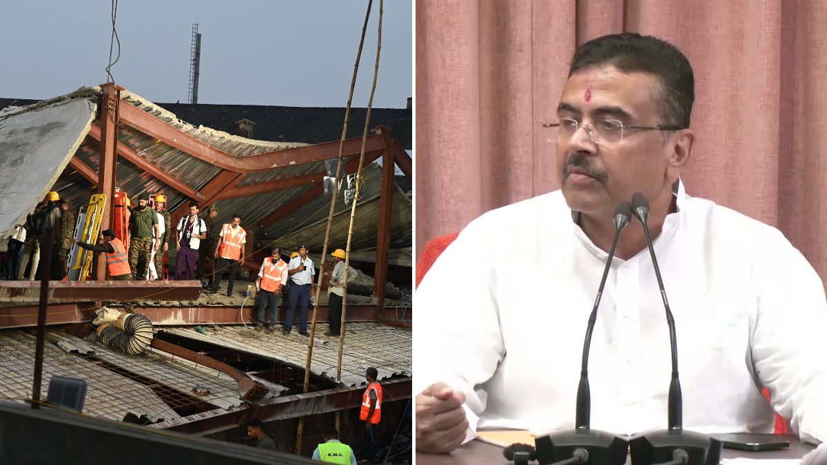 Visuals showing rescue operations at the site of the warehouse collapse in Kolkata's Taratala area (L) and West Bengal CM Suvendu Adhikari (R) | ANI, Salil Bera