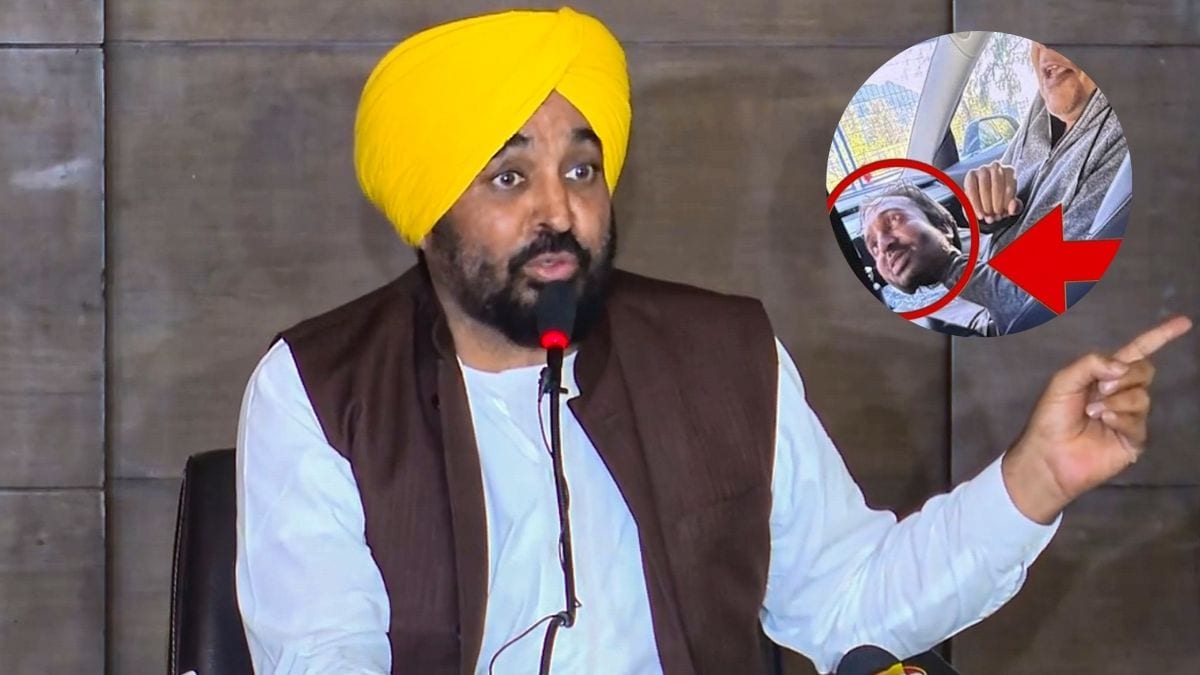 Punjab CM Bhagwant Mann at a press conference in Mohali; (inset) A screengrab of the viral video showing the silicone mask that was allegedly used to impersonate him | X/@BhagwantMann, PTI