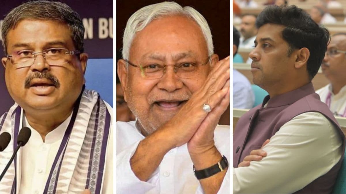 Union Education Minister Dharmendra Pradhan, JDU(U) chief Nitish Kumar and Shiv Sena MP Shrikant Shinde | X 