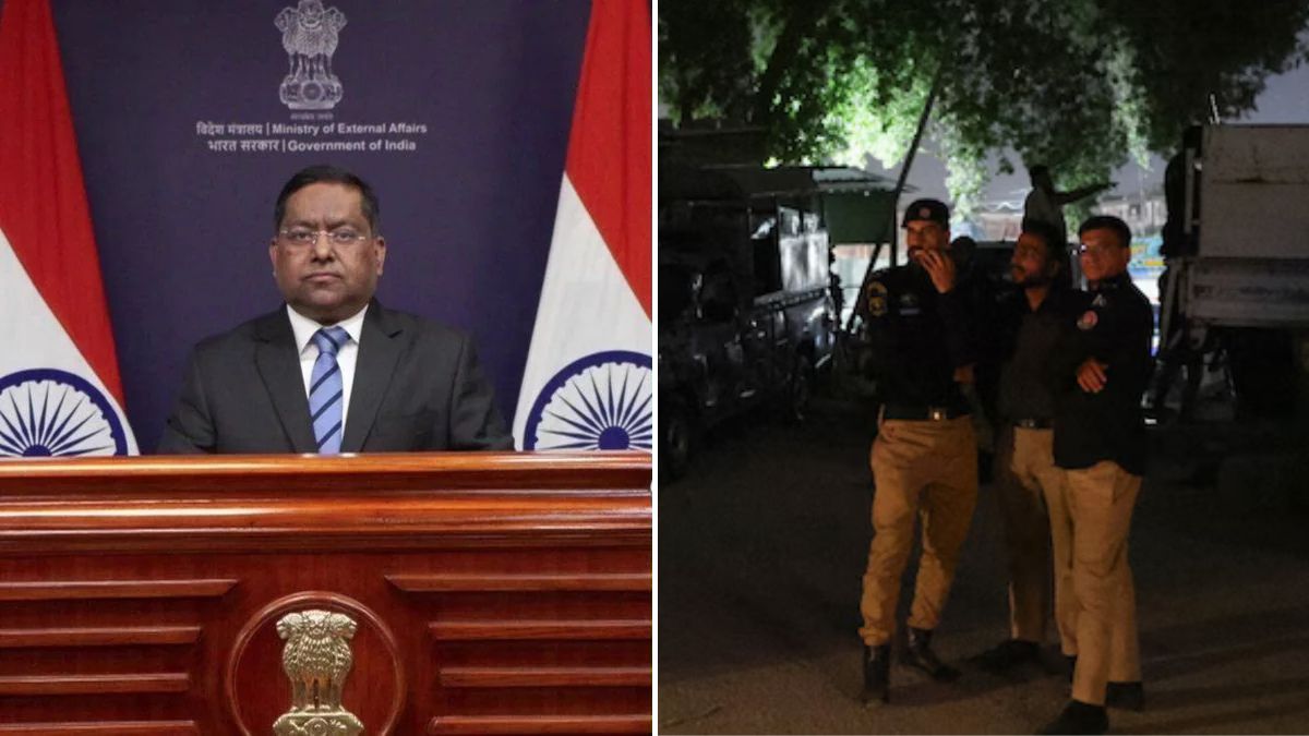 Ministry of External Affairs (MEA) spokesperson, Randhir Jaiswal (L) and security personnel standing guard near the offices of the Sindh Rangers in Karachi (R) | Reuters, YouTube/MEAIndia