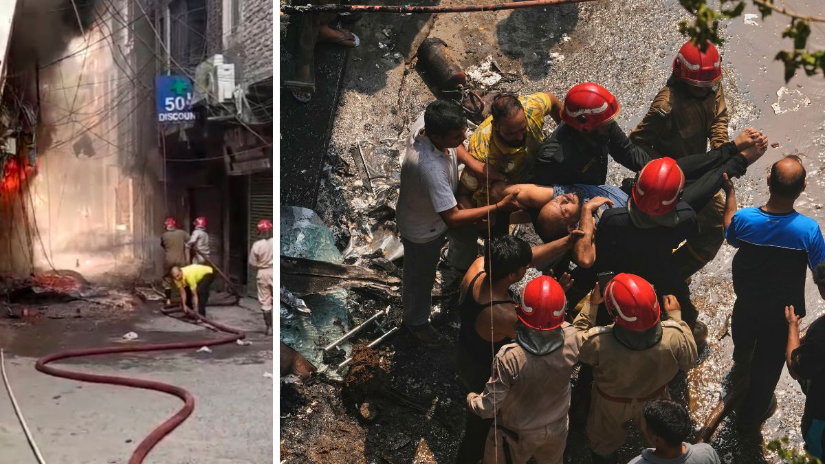 Firefighters at the site after a fire broke out at a bed-and-breakfast in a five-storey building, in New Delhi. (Right) Firefighters rescue a foreign national | PTI 