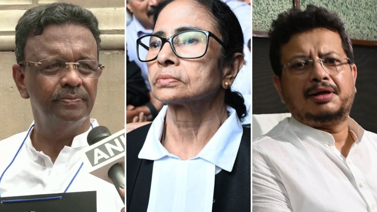(From left to right) Former Kolkata Mayor Firhad Hakim, TMC supremo Mamata Banerjee, and TMC's Leader of Opposition in the West Bengal Assembly, Ritabrata Banerjee | ANI, Salil Bera