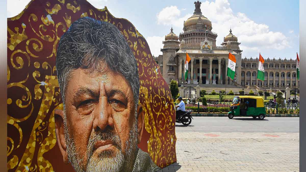 An installation with portrait of Karnataka CM-designate D.K. Shivakumar amid preparations on the eve of the swearing-in of the new state government, in Bengaluru | PTI