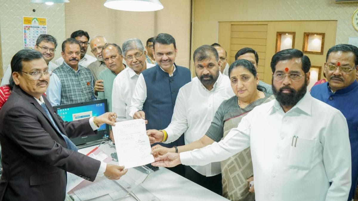 Mahayuti candidate and Shiv Sena leader Sachin Ahir filing nomination for the post of Deputy Chairman of the Maharashtra Legislative Council. Deputy Chief Minister Eknath Shinde. Chief Minister Devendra Fadnavis and Deputy Chief Minister Sunetra Pawar are also seen | X 