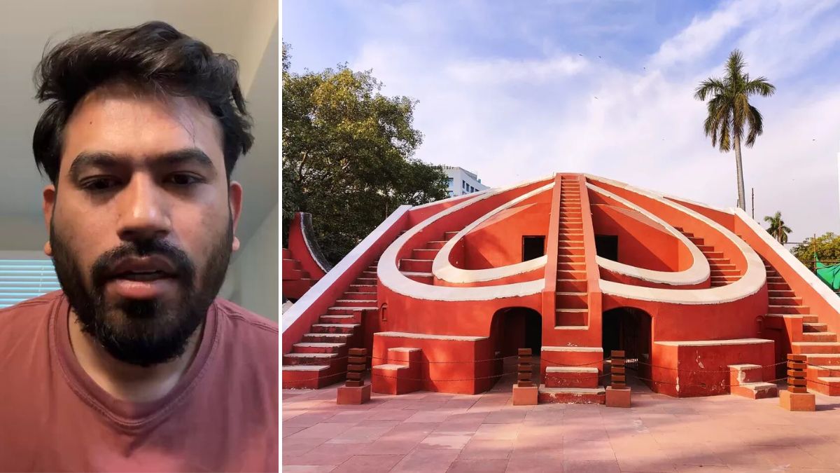 Abhijeet Dipke (L), the founder of the satirical outfit Cockroach Janta Party (CJP), and the Jantar Mantar in Delhi (R) | X